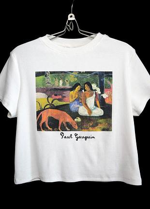 Стильная хлопковая футболка кроп с принтом paul gauguin р.14-16