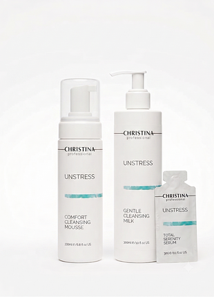 Набір ніжний очищувальний мус unstress comfort cleansing mousse  +  ніжне очищувальне молочко unstress gentle cleansing milk + пробник в подарунок
