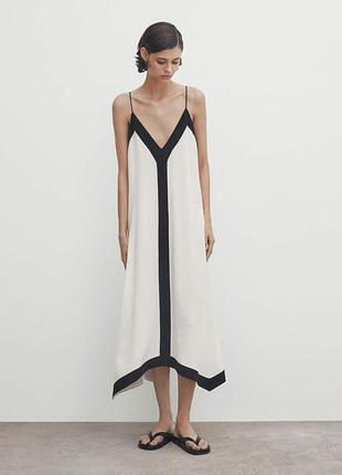 Легка молочна сукня на бретелях з контрастним кантом елементом massimo dutti 6615/607 молочное платье вискоза размер l