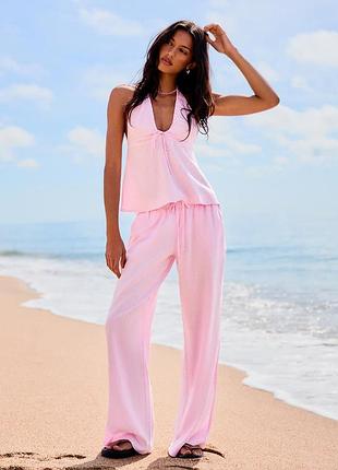 Брюки рожеві bershka elasticated waist trousers жіночі широкі на резинці