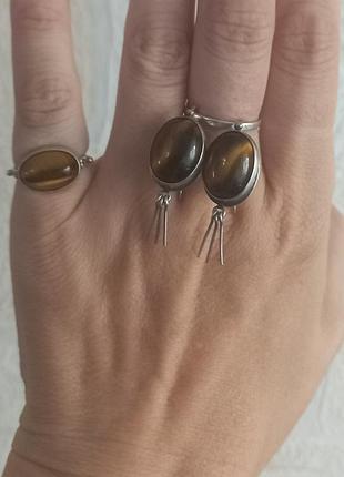 Винтаж 925  серебро серебряные серьги сережки кольцо колечко набор комплект тигровый глаз камень натуральный в стиле zuni navajo зуни навахо