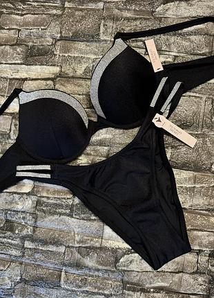 Купальник victoria's secret зі стразами swarovski оригінал  бюстгальтер з пуш апом 34b 75б  36б 80б плавки бразильяна м 96-100