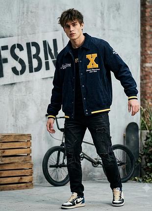 Вельветовая куртка бомбер fsbn new yorker 'y' varsity jacket | синий вельвет оверсайз р.54-56