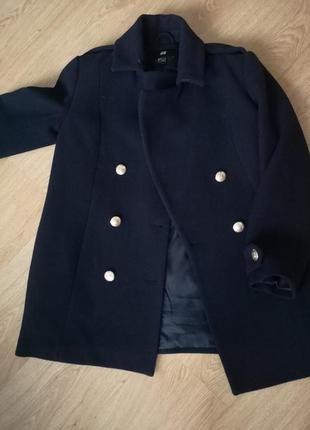Базовое темно-синее шерстяное пальто5 фото