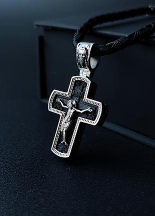 Срібний хрестик з ебеновим деревом і шнурок зі вставками зі срібла 925 проби з чорнінням 846/3у + кр018е 60