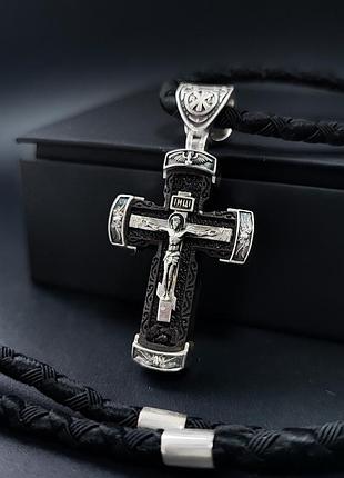 Срібний хрестик з ебеновим деревом і шнурок зі вставками зі срібла 925 проби з чорнінням 866/4гл + кр05е