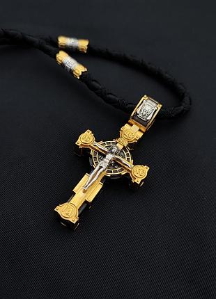 Срібний хрестик з ебеновим деревом і шнурок зі вставками зі срібла 925 проби з позолотою та чорнінням 846/4з+кр07ез 60