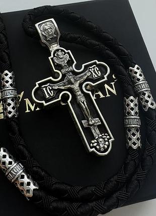 Срібний хрестик з ебеновим деревом і шнурок зі вставками зі срібла 925 проби з чорнінням 846/4с + кр016е