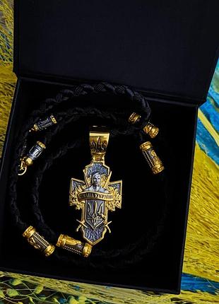 Срібний хрест "козак" та шнурок зі вставками зі срібла 925 проби з позолотою та чорнінням 846/4скз+кр0208з 70