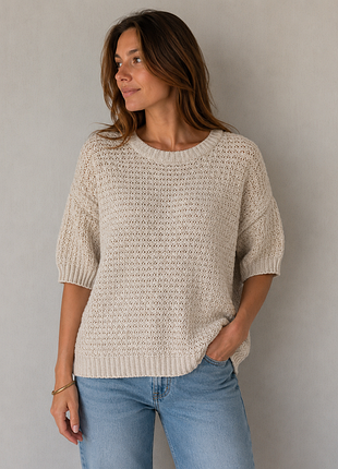 Джемпер жіночий vero moda літній з коротким рукавом, oversize, бежевий