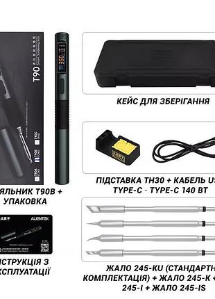 Паяльник alientek t90b з жалом c245 140w компактний, з oled дисплеєм (набір з комплектом жал)