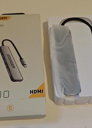 Usb-hub essager 7 в 1 type-c док-станція для ноутбука (hdmi 4k, usb 3.2, sdtf, pd 60w) концентратор