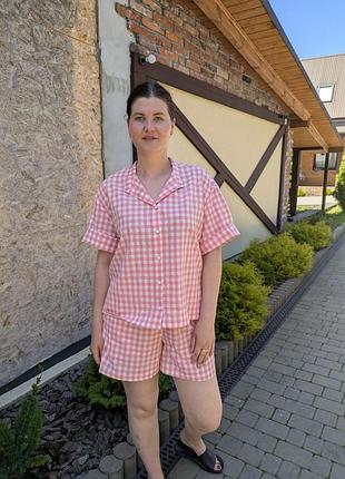 Пижама женская, шорты и рубашка из вареного хлопка в клетку "зефир"