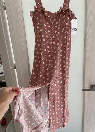 Сукня-сарафан zara міді, 100% льон, коричнева в дрібний квітковий принт, розмір m