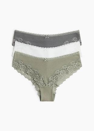 S / м / хl h&m нові фірмові бавовняні труси хібстери з мереживною обробкою 3 шт