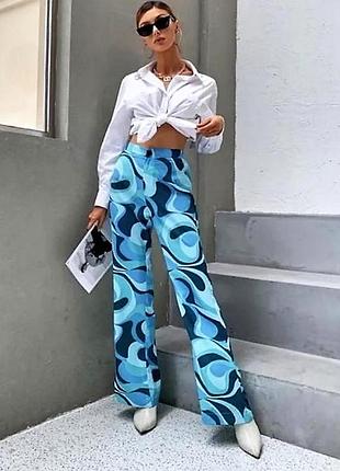Женские брюки zara safia flare blue teel boho с высокой посадкой l