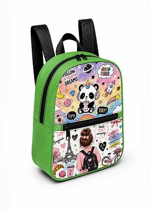 Дитячий міні-рюкзак зелений з принтом kawaii panda для дівчинки 28×24×10 см міні-сумка дитяча (5261)