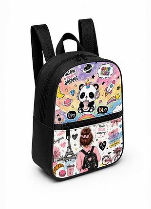 Дитячий міні-рюкзак чорний з принтом kawaii panda для дівчинки 28×24×10 см міні-сумка дитяча (5266)