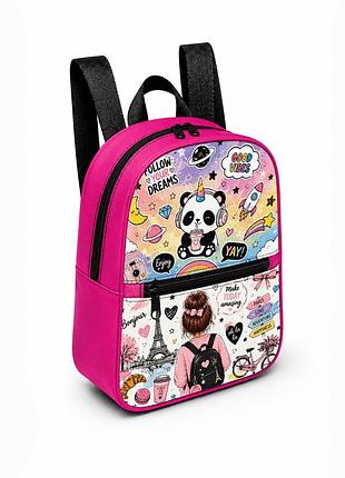Дитячий міні-рюкзак рожевий з принтом kawaii panda для дівчинки 28×24×10 см міні-сумка дитяча (5259)