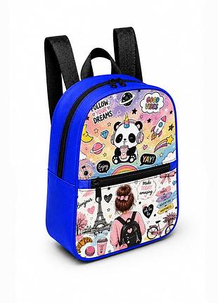 Дитячий міні-рюкзак синій з принтом kawaii panda для дівчинки 28×24×10 см міні-сумка дитяча (5264)