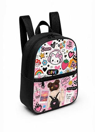 Дитячий міні-рюкзак чорний з принтом dream kitty для дівчинки 28×24×10 см міні-сумка дитяча (5282)