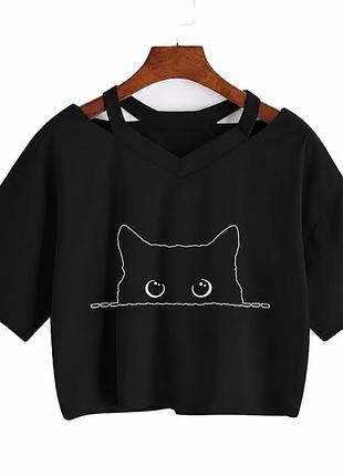🐈‍⬛😼черная футболка короткая кроп с принтом кот