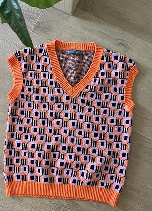 В’язаний жилет у ретро стилі primark. геометричний принт, розмір l (uk 14 / eur 42), яскравий ретро-стиль.