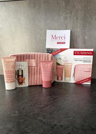 Clarins подарунковий набір догляду + косметичка | multi-active nuit 15 мл + очищувач 30 мл + double serum + оригінал