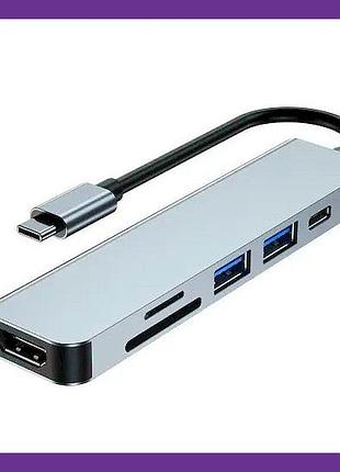 Металлический usb type-c хаб переходник для ноутбука 6в1, hdmi 4k, 2 порта usb 3.0, microsd, sd, pd 87w