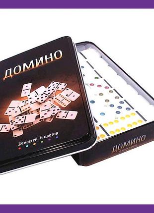 Настільна гра доміно на 28 великих кістяшок, кольорові точки, зручний металевий кейс для зберігання та ігор