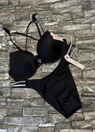 Купальник зі стразами victoria's secret оригінал  бюстгальтер 34b 75b 34с 75с 36б 80б подвійний пуш ап плавки бразильяни m