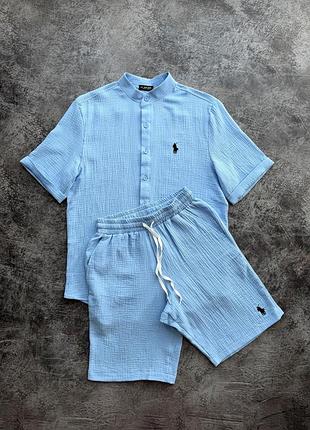 Блакитний чоловічий комплект лляний сорочка + шорти  polo 📌  склад: 100% льон розміри : s, m, l, xl, xxl  ralph lauren
