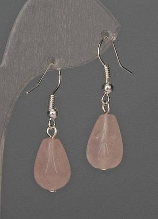 Серьги розовый кварц капля 10х15мм+- l-35мм+-