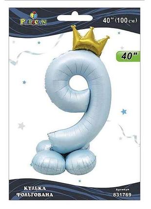 Кулька фольгована цифра 40 (100 см) з короною на підставці 9 блакитна тм pelican