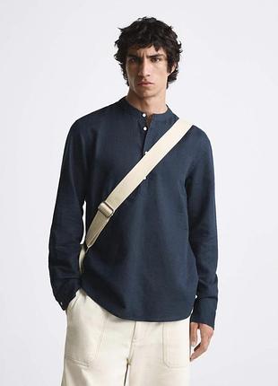 Сорочка льон/бавовна чоловіча zara синя однотонна розмір xl