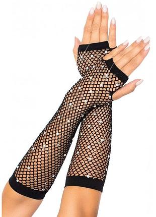 Рукавички в сітку із стразами one size fishnet arm warmers gloves від leg avenue rhinestone, чорні sexstyle