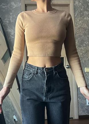 Бежевий кроп-топ з довгим рукавом zara