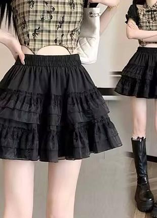 Чорна багатоярусна мініспідниця з мереживом (gothic / coquette / opium) 🖤