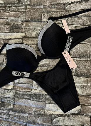 Новий купальник victoria's secret зі стразами swarovski оригінал бюстгальтер з пуш апом 32b 70б 34b 75б плавки бразильяни  в розмірі xs чи s