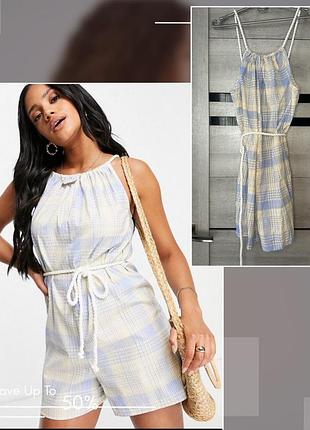 Легкий ромпер asos design комбінезон шорти принт клітинка пояс мотузка