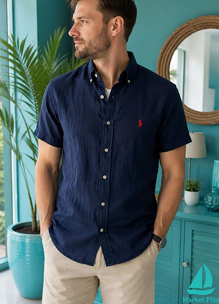 Polo ralph lauren льняная рубашка 100% лен темно-синяя xs оригинал