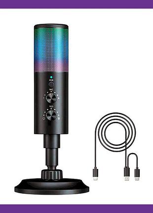 Игровой usb микрофон rodd ak-9 для стрима и записи курсов, rgb подсветка, шумоподавление и разъем 3.5мм