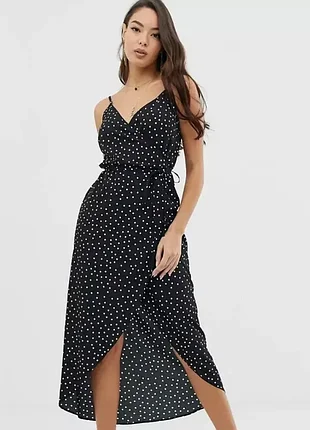 Сукня міді жіноча asos чорна в горошок на тонких брительках з поясом