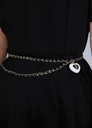 Пояс chanel з сердечком чорний з білим цепочка на талію