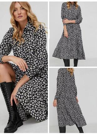 Длинное ярусное чёрное платье primark макси в цветочный принт размер l