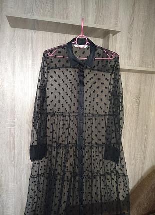 Платье  - рубашка zara женское чёрное прозрачное 48 (l)