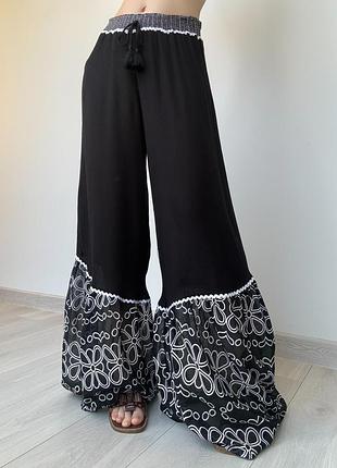Штаны river island тонкие 36 38 s m брюки палаццо вискоза черные бохо винтаж vintage цветочный принт высокая талия посадка клёш прямые черно-белые