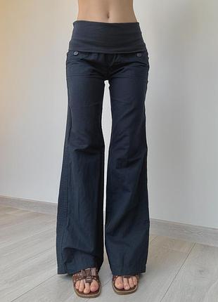 Штаны брюки синие mango лён хлопок средняя талия посадка клеш flared bootcut на резинке в стиле 2000х y2k vintage винтаж 38 m
