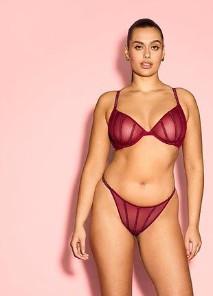 Комплект білизни (ліф+трусики стрінги) зі стразами victoria's secret (2133866495123) sheer shine 70c/s бордовий