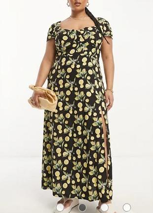 Платье asos design curve из вискозы с вырезом в форме сердца и лимонным принтом.